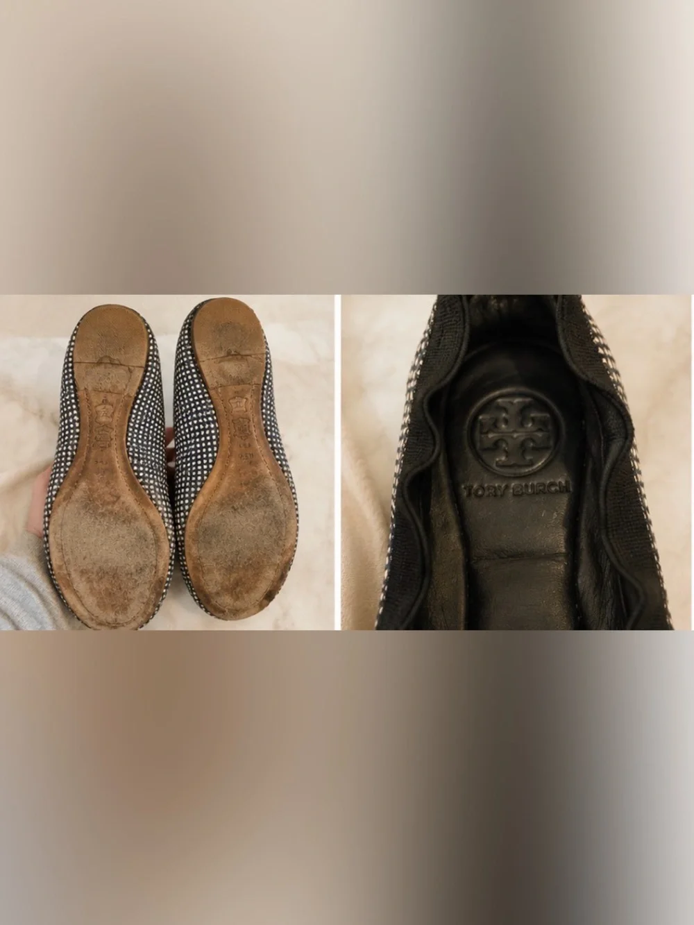 Tory Burch Reva Ballet Flats – Black/Ivory Geometric Print 6.5M